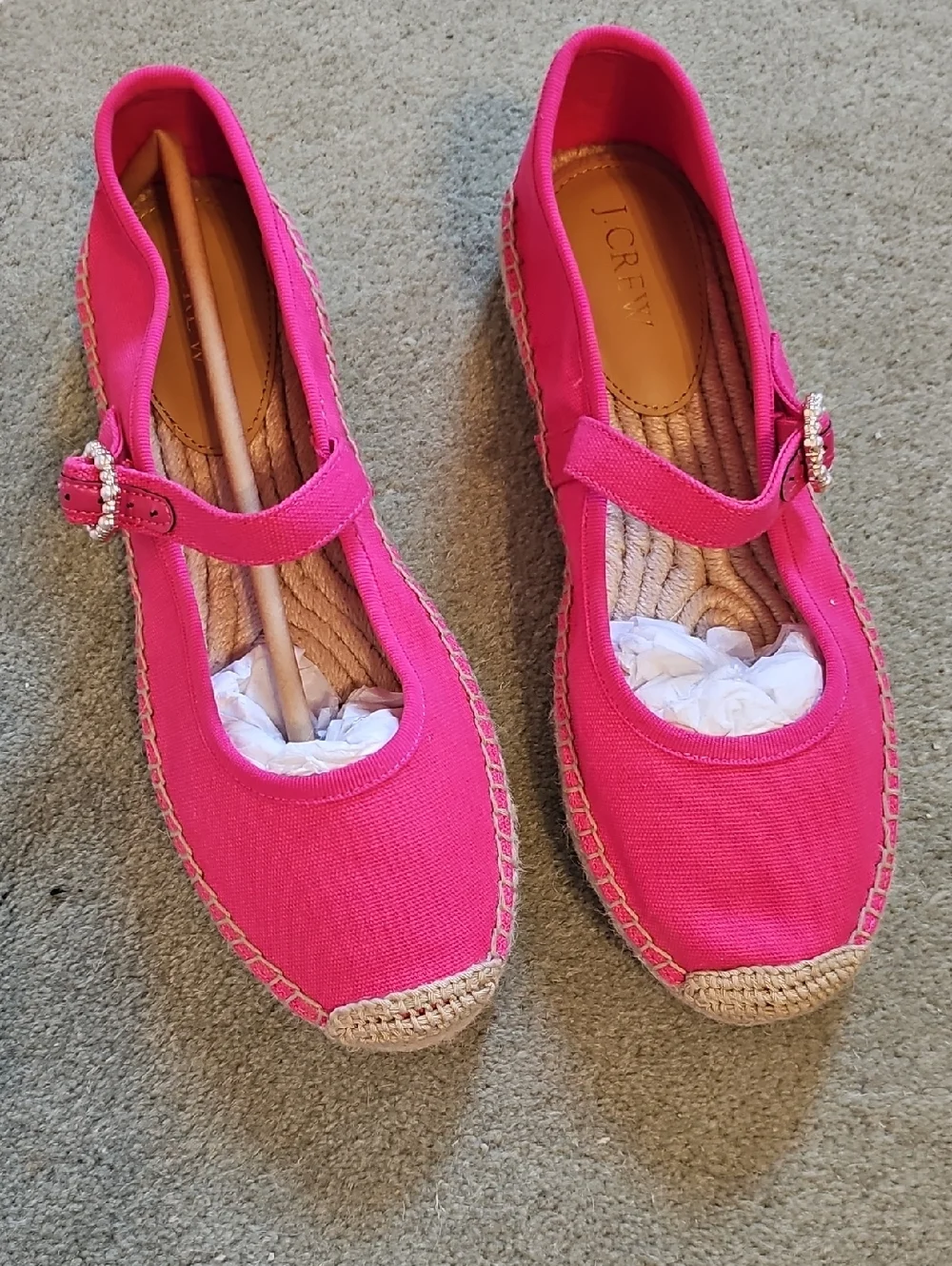 J. Crew Bright Pink Canvas Mary Jane Espadrille Flats with Buckle